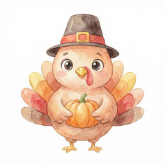 Fototapeta premium Watercolor turkey pilgrim hat pumpkin thanksgiving autumn cute cartoon illustration on white background, smiling bird holding gourd, holiday greeting design for invitation card