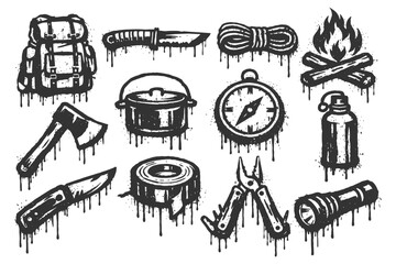 Naklejka premium Grunge survival tools set: knife, compass, axe, campfire, backpack, rope.