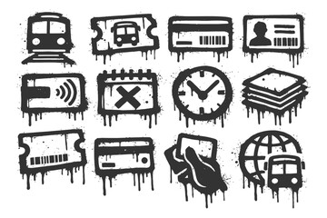 Naklejka premium Grunge transportation icons: train, bus, calendar, clock, tickets, cards, payments.