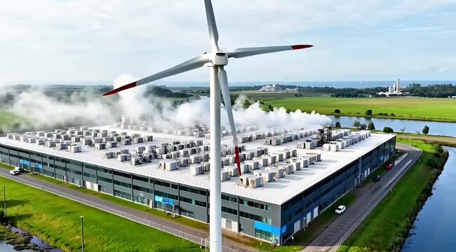 Hybrid Wind Farm Data Center Renewable Energy Cooling Aerial View