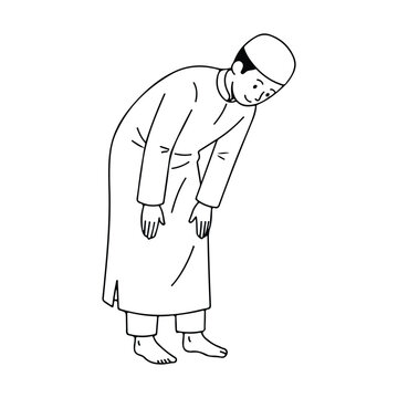 Muslim man in traditional clothing performing ruku bowing position during islamic prayer