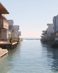Obraz premium Modern coastal city environment featuring photorealistic wooden houses along a serene waterway with clear blue water and distant ocean waves visible in the background