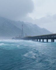 Fototapeta premium Photorealistic coastal logistics infrastructure platform with oil rig in the background, surrounded by turbulent ocean waves and mountainous terrain under cloudy sky