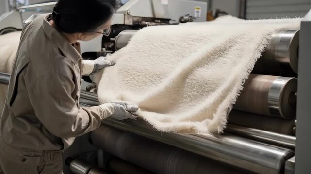 Medium shot of a textile worker operating abrasive rollers to create a soft nap on microfibre fabric highlighting detailed sueding texture development.