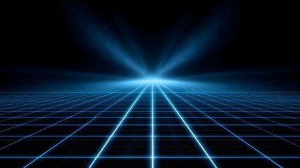 Abstract digital blue glowing grid with lines and shapes on black background