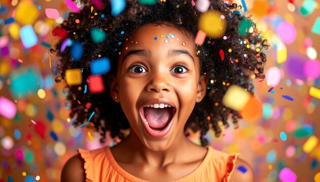 Excited Young Girl Surrounded by Colorful Confetti.