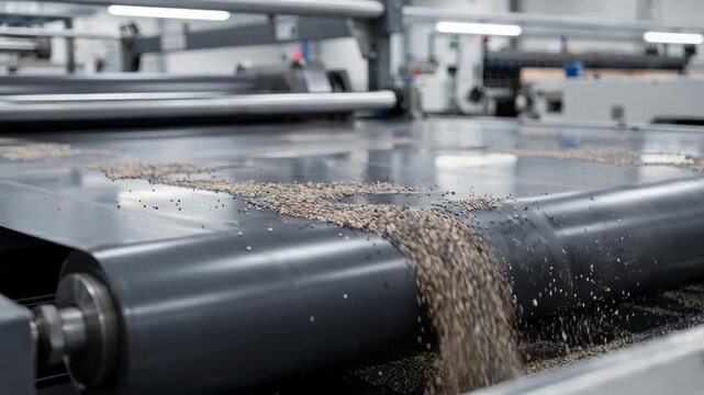 Medium shot of a conveyor belt smoothly moving with a durable fluoropolymer nonstick coating preventing material buildup and enhancing industrial efficiency.