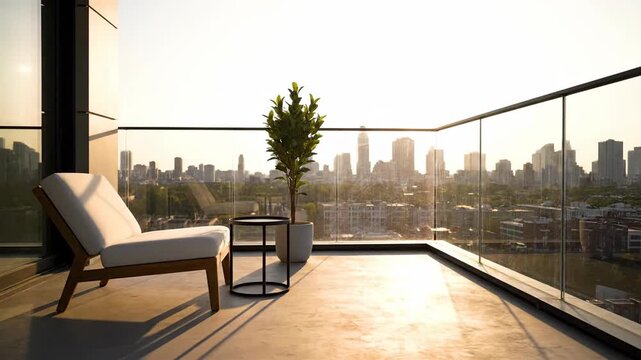 Apartment balcony with chair, table, and plant overlooking the cityscape