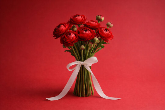 Bouquet of red ranunculus flowers tied with white ribbon on deep red background. Clean vertical composition, romantic symbolism, gift gesture, expressive floral still life. Valentines Day concept.