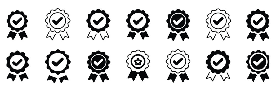 Approval check big icon, verified certified medal correct mark award ribbon badge quality certify sign, professional stock vector illustration.