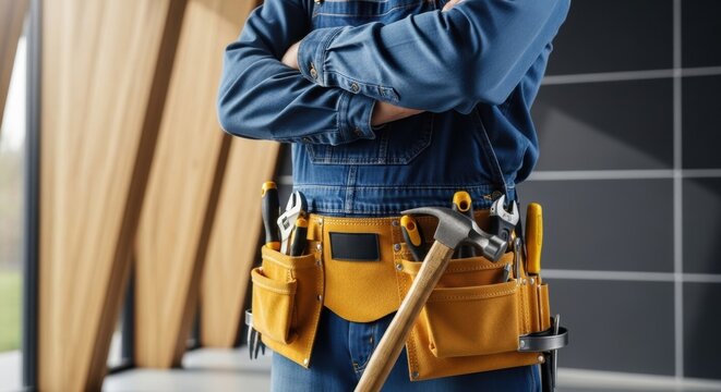 Close Up of Construction Worker Wearing Professional Leather Tool Belt with Hammer and Tools