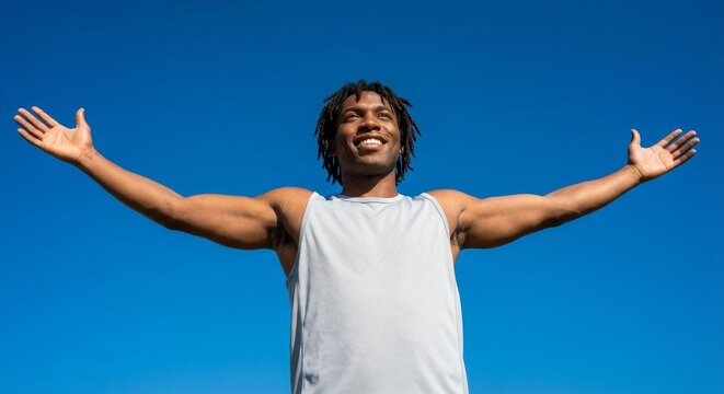 Happy young athletic man with dreadlocks stands with his arms outstretched, smiling and looking up with a feeling of freedom against a clear blue sky