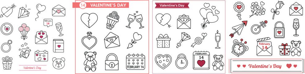 Valentine&rsquo;s Day line icon set featuring heart, broken heart, love letter, envelope with heart seal, cupid arrow, rose flower, chocolate box, gift box with ribbon, engagement ring, candle, champagne gl
