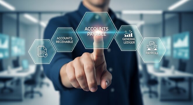 A businessman interacting with a digital interface for accounts payable and receivable