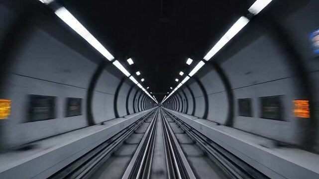 Rush View from Fast Underground Subway Train Rushing Through Curved Concrete Tunnel with Blurred Motion