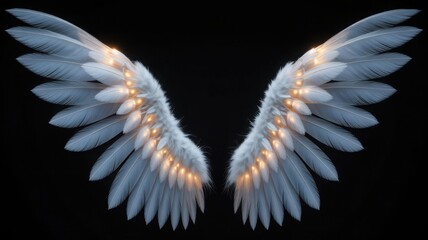 Ethereal white wings illuminated by mystical golden lights on a black canvas