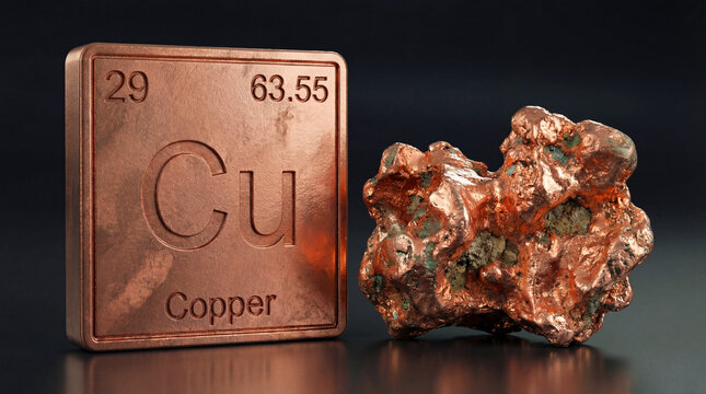 A metallic square tile engraved with the periodic table information for copper (Cu) stands next to a raw, jagged copper nugget. Both rest on a dark, reflective surface against a black background.