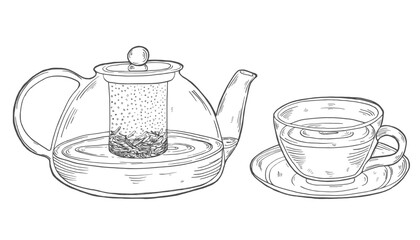 Tea set with healthy green tea, slice of lemon,chamomile. Teapot and cup. Hand drawn vector illustration in outline style.