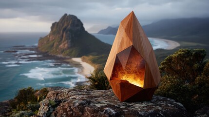 Sculptural wooden fire pit emits warm glow atop coastal cliff overlooking ocean vista