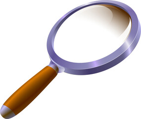 Search and analysis concept showing a realistic magnifying glass, transparent glass reflection, smooth 3D render, minimal design, investigation and discovery theme.