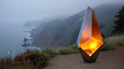 Illuminated geometric sculpture stands beside a rugged coastal landscape shrouded in mist.
