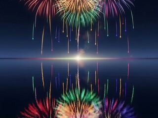 Vibrant Fireworks Display Reflected in Calm Water Under a Starry Night Sky
