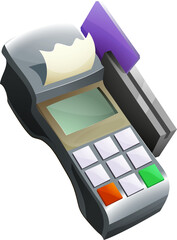 3D payment terminal illustration with credit card inserted, keypad buttons, receipt paper coming out, modern retail payment concept, isolated on white background, soft lighting.