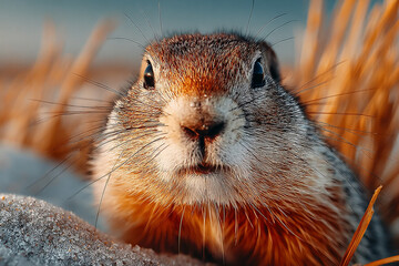 Groundhog Day. The groundhog sticks out of his hole.