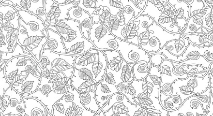 Detailed black and white seamless pattern of intertwining thorny vines and leaves for a nature-inspired background.