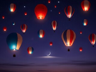 Balloons illuminate the night sky with a crescent moon