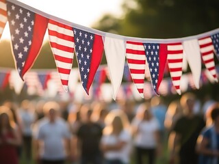 American flag bunting hanging at an outdoor gathering event in the sunshine