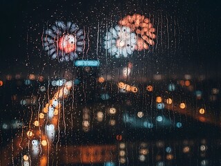 Rainy night cityscape with bokeh lights and fireworks