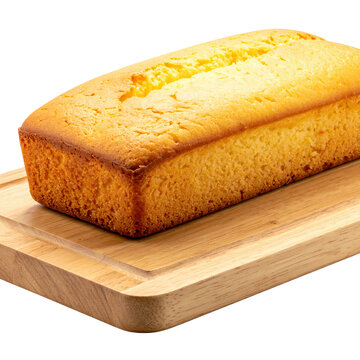 Golden pound cake loaf on wooden cutting board, warm tones and crumbly texture isolated on white background