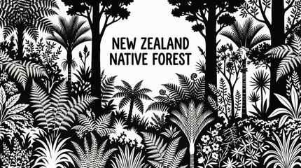 New Zealand forests featuring native ferns and unique woodland plant ecosystems black and white vector illustration © Ethan