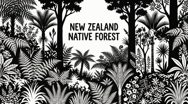 New Zealand forests featuring native ferns and unique woodland plant ecosystems black and white vector illustration
