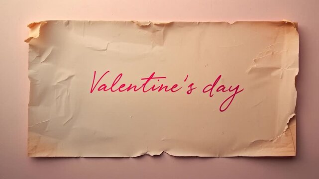 Light shifting, displaying aged paper on pink backdrop showing red cursive Valentine's day greeting