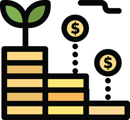 Minimal flat illustration of financial growth with stacked coins, dollar symbols, and a growing plant, modern vector style