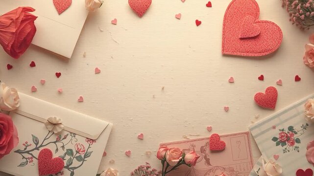 Zooming camera filming static flatlay on cream surface, showcasing envelopes and hearts
