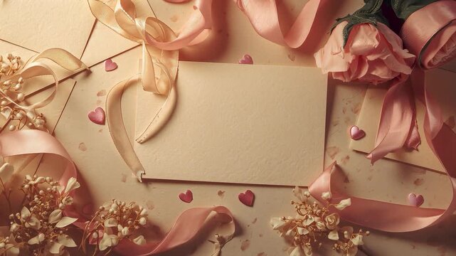Recording top camera capturing blank card at tabletop for romantic display, showing ribbons