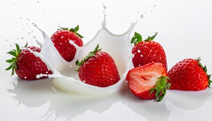 Fresh strawberries splashing into white milk creating dynamic motion