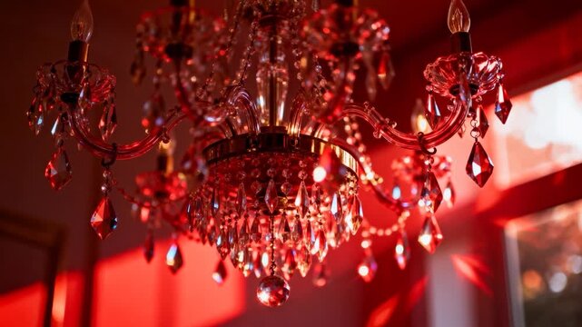 Shifting red window light causing crystal chandelier scattering highlights at home, pendants