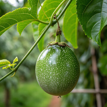 Green Maypop Wild Passion Fruit Hanging from Vine with Leaves
