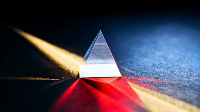 Sweeping warm beam sliding across glass triangular prism on dark matte table, creating red rays