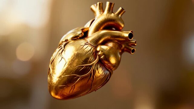 Rotating metallic gold anatomical heart model showing engraved veins in studio, playback starting