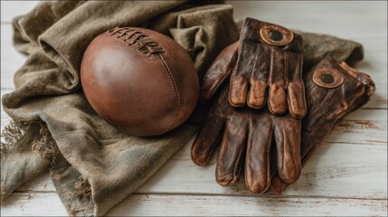 Vintage brown leather sporting equipment rests on a rustic wooden surface with draped cloth