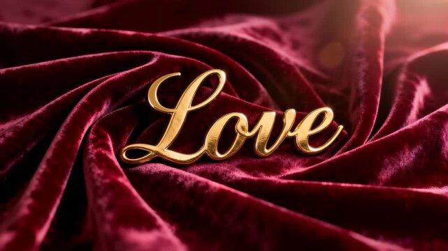 Warm light sweeping right, lighting gold Love script on burgundy velvet with lens flare for romance