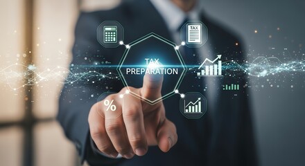 Naklejka premium A businessman interacting with a tax preparation digital interface on a screen