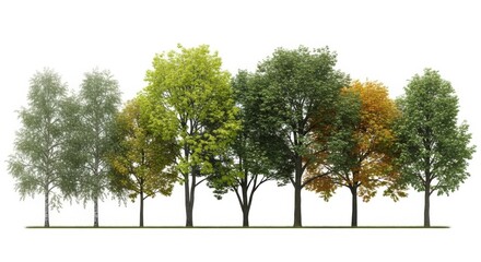Obraz premium Seven trees with different colored leaves isolated on white background in seasonal change