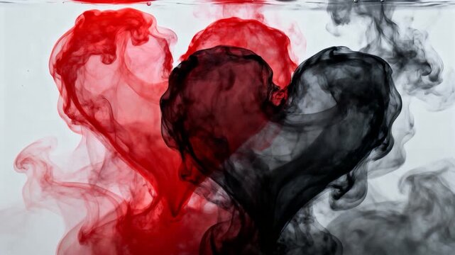 Drifting red and black heart-shaped ink plumes merging upon release in glass tank forming overlap
