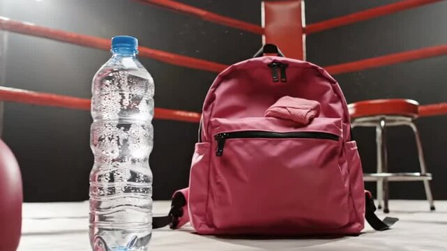 Boxing ring scene w water bottle backpack boxing glove stool Red ropes border the ring providing depth and a sense of the boxing environment